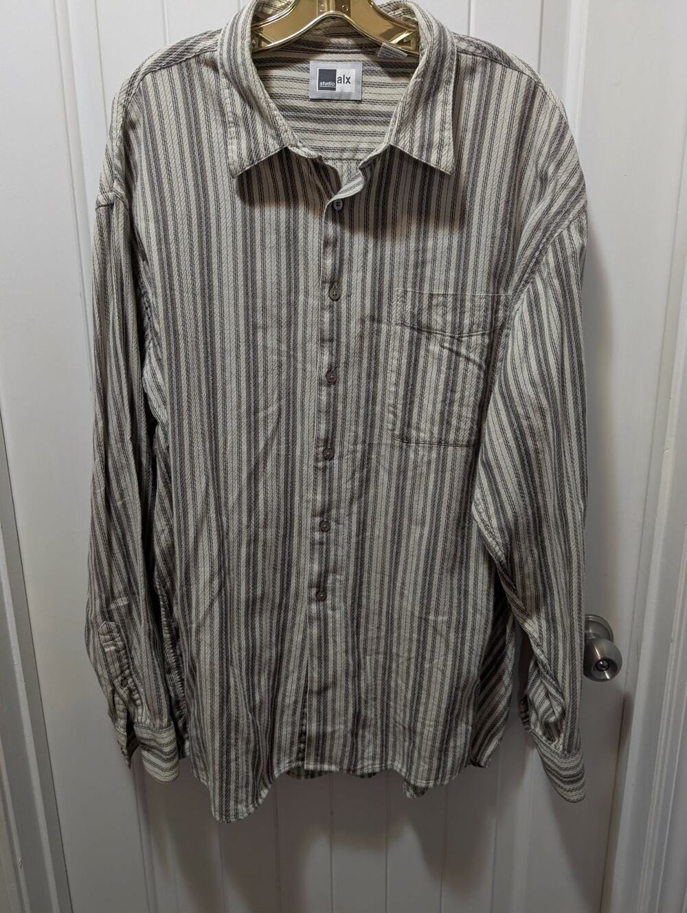 Studio Alx Mens 2XL Button Down Beige Brown Striped Shirt Long Sleeve